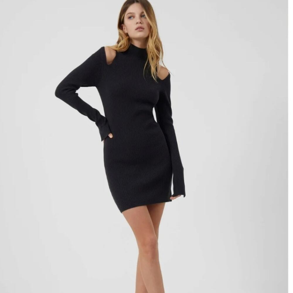 French Connection Lydia Knit Sweater Dress Black Cold Shoulder Cutout Mini M NWT